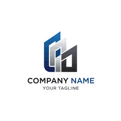 Abstract logo design featuring three geometric building-like shapes in blue, silver, and black.