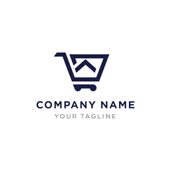 A minimalist dark blue logo featuring a shopping cart with an upward-pointing arrow inside, set against a white background with placeholder text for company name and tagline.