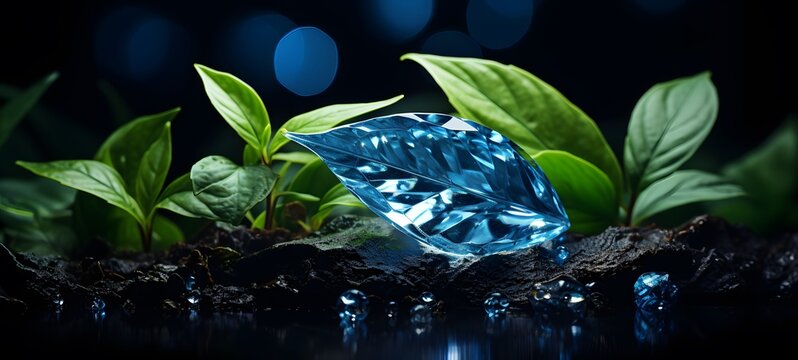 The black background contrasts sharply with the bright blue diamonds light emitted by green leaf,generative AI