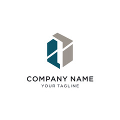 Abstract geometric logo with a 3D hexagonal shape in teal and grey, featuring placeholder text for a company name and tagline.