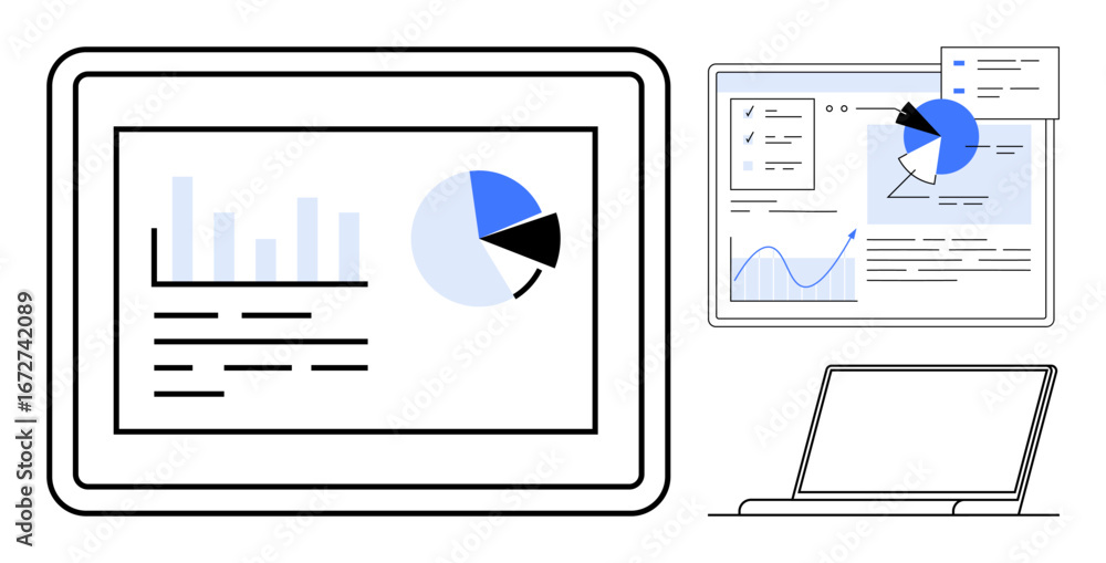 Poster tablet and laptop displaying bar graphs, pie charts, and interface widgets. ideal for analytics, rep