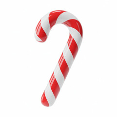 3D red and white striped candy cane with glossy finish, isolated on white background, symbolizing Christmas treats, sweetness, and joy.