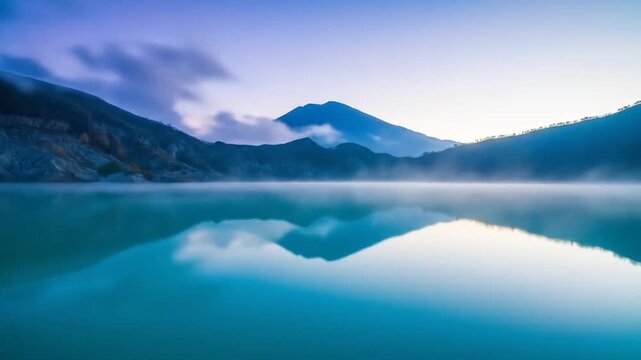 Breathtaking Sunrise at Kawah Ijen Volcano with Mirrored Reflections in Acid Lake