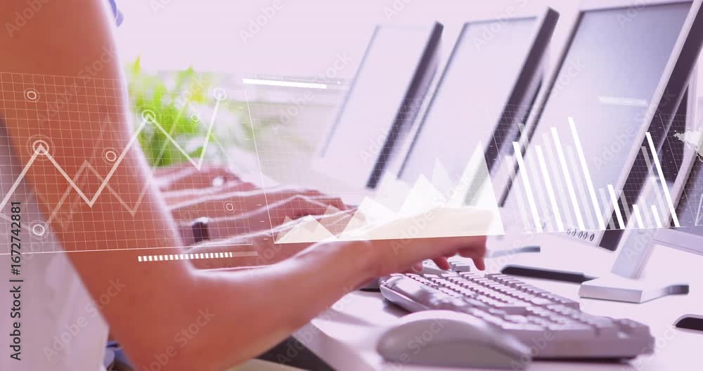 Aufkleber three office workers typing causing network nodes evolving into charts and world map showing data