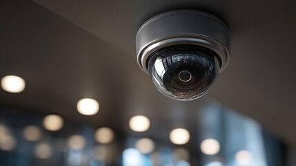 A modern, discreet dome CCTV camera mounted on the ceiling of a luxury commercial building. 