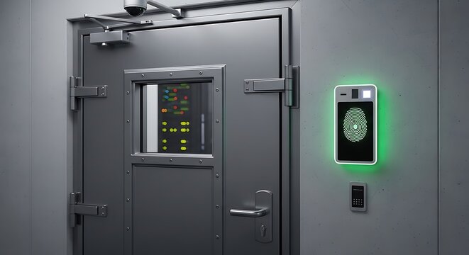 The door to a server room that requires biometric authentication.