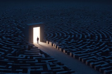 A person walks toward light in a dark maze