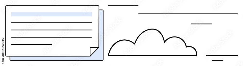 Poster document icons paired with a cloud and fast motion streaks representing data transfer, cloud storage