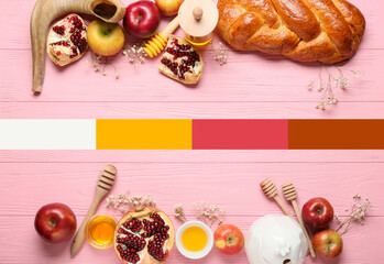 Composition for Rosh hashanah (Jewish New Year) celebration on color wooden background