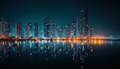 City skyline at night reflecting on water