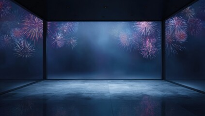 Empty room with fireworks display through glass walls