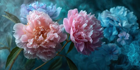Obraz premium Delicate peonies in a teal-toned smoky backdrop