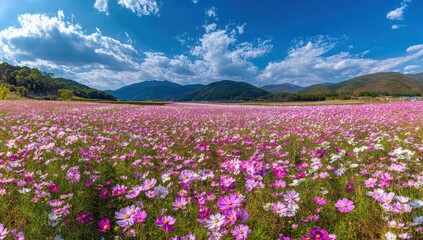 Fototapeta premium Panoramic view of a vast field of cosmos flowers under a partly cloudy sky