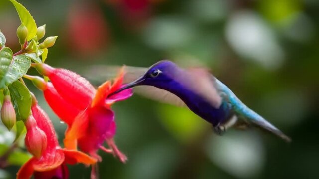 Hummingbird Feeding Frenzy: Vibrant Violet Sabrewing Sipping Nectar from Fuchsia Flowers in Lush