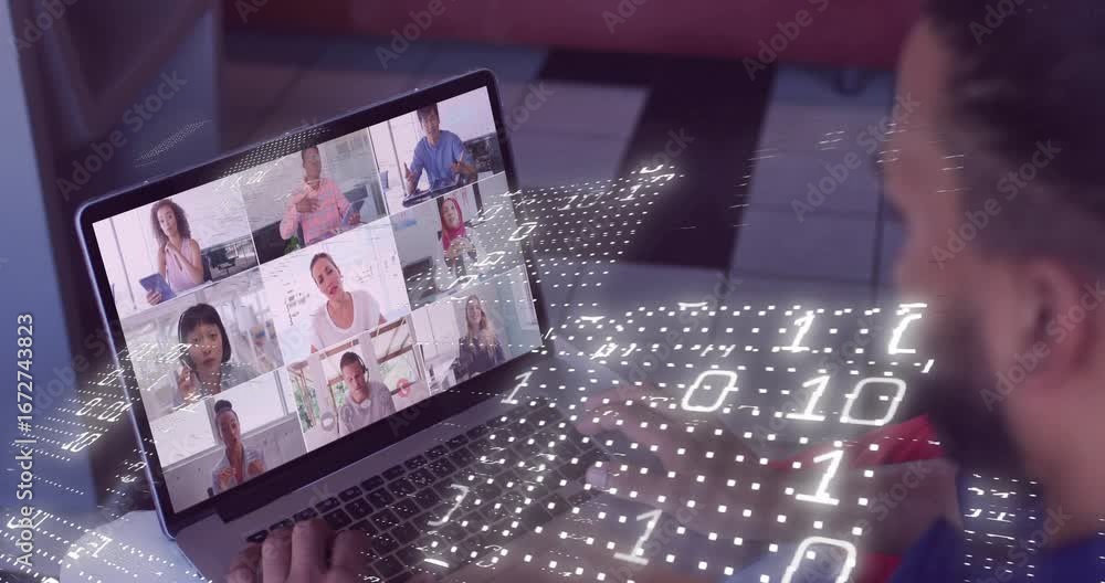Poster man opening laptop and joining meeting, animating binary overlay across keyboard in remote work
