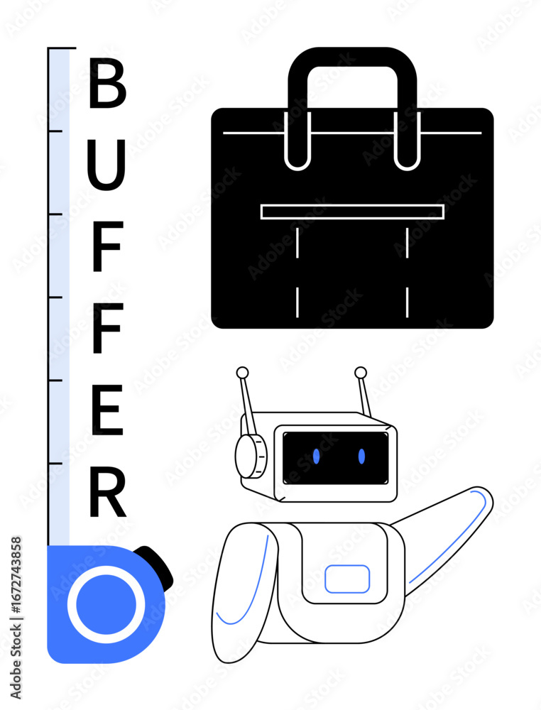 Poster robot with antenna pointing to vertical progress bar labeled buffer beside briefcase, implying autom