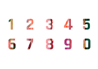 Set of numbers from 0 to 9 with colorful abstract glitch texture. Modern decorative font collection isolated on a white background for graphic design.