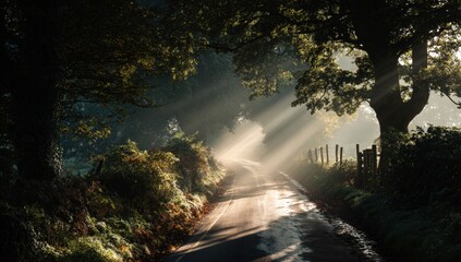 Sunbeams illuminating a misty country lane