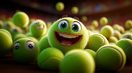 A group of cheerful, cartoon tennis balls with faces and big smiles create a playful, lively scene. Their expressive eyes and grins add humor and energy.