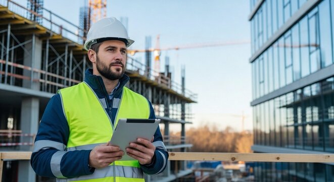 Focused Construction Supervisor Inspecting Site Progress with Tablet Amidst Steel and Glass Structures