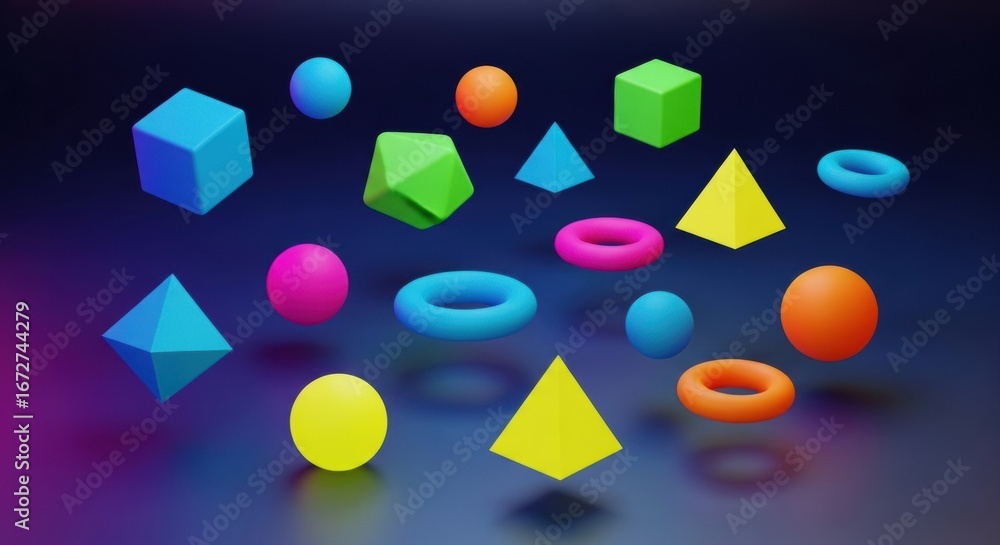 Fototapete vibrant 3d geometric shapes float playfully, creating dynamic abstract backgrounds for modern design