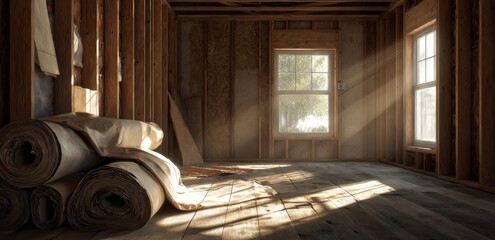 Sunlight streams into an unfinished room