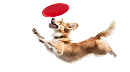 A corgi dog is jumping in the air to catch a red frisbee with a black background in a studio shot