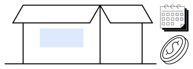 Open cardboard box, stack of calendars, and coin illustrate shipping logistics, planning, expenses, delivery deadlines, organization, e-commerce and savings. Ideal for business scheduling