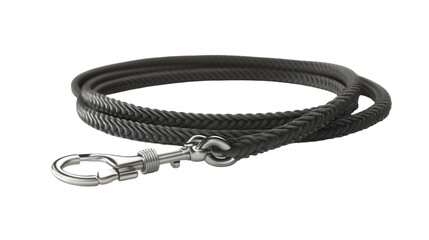 Fototapeta premium A close up shot of a braided black leather cord with a silver clasp on a black background surface
