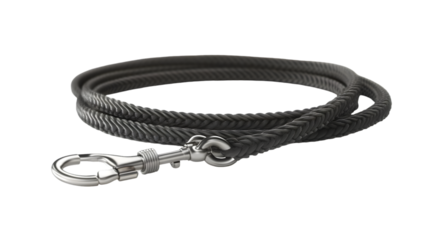 A close up shot of a braided black leather cord with a silver clasp on a black background surface