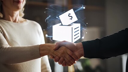 Business people shake hands over a glowing digital icon of a ballot box with a dollar sign, symbolizing a financial deal or investment.