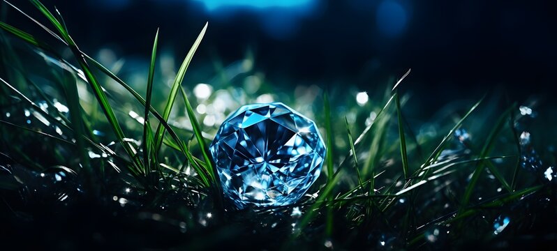 The black background contrasts sharply with the bright blue diamonds light emitted by grass,generative AI