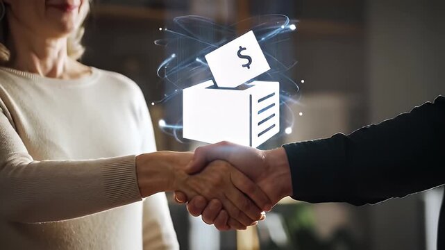 Business people shake hands over a glowing digital icon of a ballot box with a dollar sign, symbolizing a financial deal or investment.