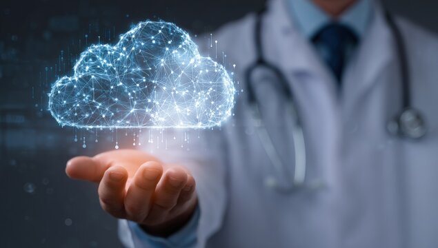 Doctor holding a digital cloud network