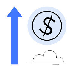 Upward blue arrow next to dollar sign and minimal cloud design signifies growth, finance, success, and progress. Ideal for business growth, financial success, savings, strategy, economy trends