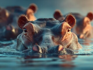 Fototapeta premium Hippopotamuses relaxing in serene water during twilight hours in their natural habitat