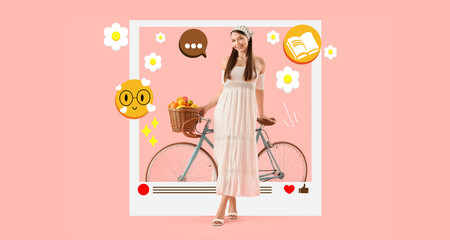 Young woman with bicycle and basket of citruses on pink background