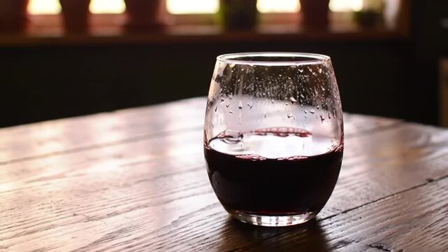 red wine being poured into a glass on a wooden table