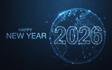 A digital happy new year greeting card featuring a globe and the year 2026 in a futuristic design