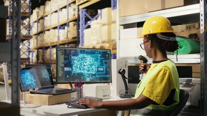 African american woman uses AI deep learning software for e-commerce automation, working in distribution hub with neural networks brain managing tracking software. Data science. Camera A.