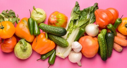 Many different fresh vegetables on pink background
