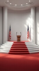 Ceremonial stage set up with flags and podium in a formal setting preparing for an important event