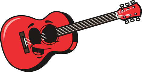 Cheerful cartoon acoustic guitar, red body, smiling face, six strings.