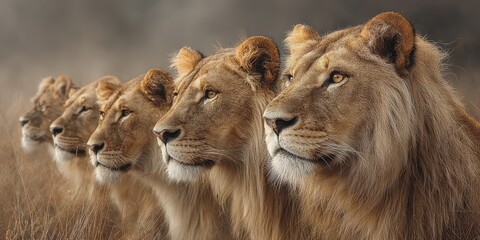 Obraz premium Five lions gaze intently into the distance on a savannah during the golden hour of sunset