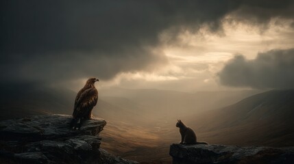 Birds and cats on mountaintop silhouette