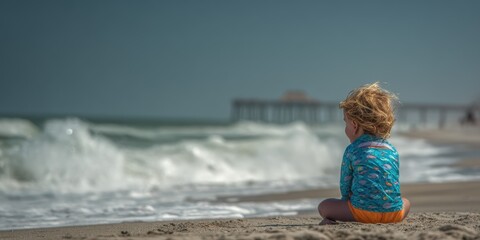 Child sitting on sandy beach watching ocean waves roll in during a sunny day near a pier