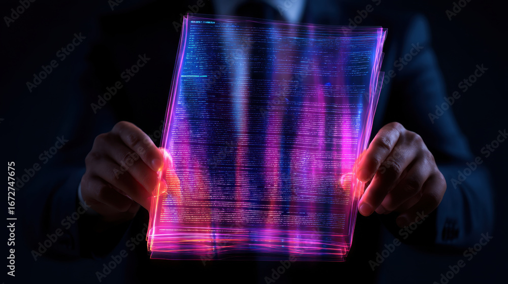 Aufkleber digital document in hands, glowing with vibrant colors, showcasing data and technology. futuristic d