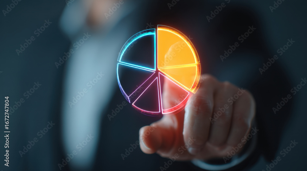 Poster businessman interacting with colorful pie chart, representing data analysis and financial growth. vi