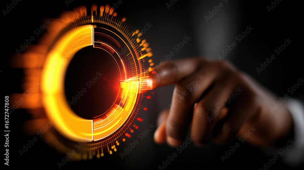 Poster digital interface technology showcases hand interacting with glowing circular display, symbolizing i