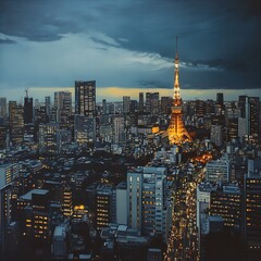 Naklejka premium Mesmerizing tokyo city skyline featuring neon lights and iconic buildings image
